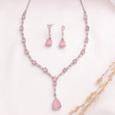 Rhodium Plated Silver Toned Teardrop Shaped Pink & White American Diamond Studded Jewellery Set