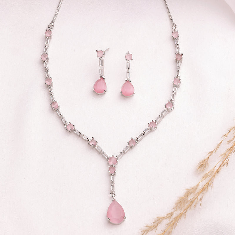 Rhodium Plated Silver Toned Teardrop Shaped Pink & White American Diamond Studded Jewellery Set