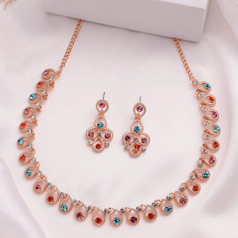 Rose Gold Plated Teardrop Shaped Multicolor Cubic Zirconia Studded Jewellery Set