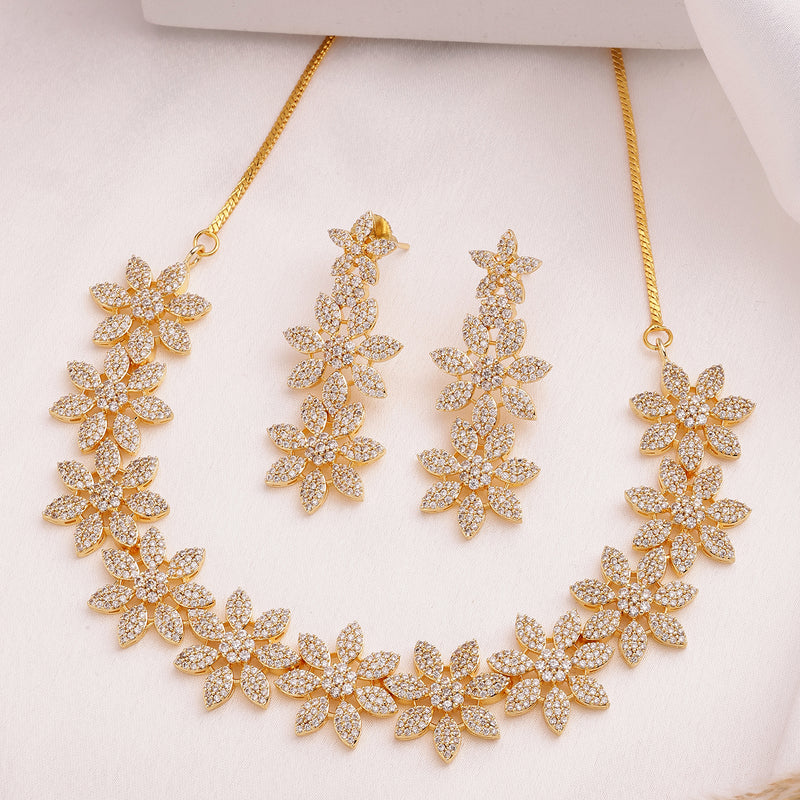 Gold Plated Floral Shaped White American Diamond Studded Jewellery Set