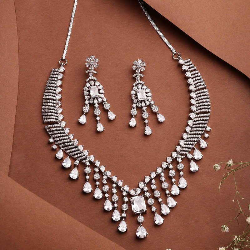 Rhodium Plated Silver Toned Teardrop Shaped White American Diamond Studded Jewellery Set