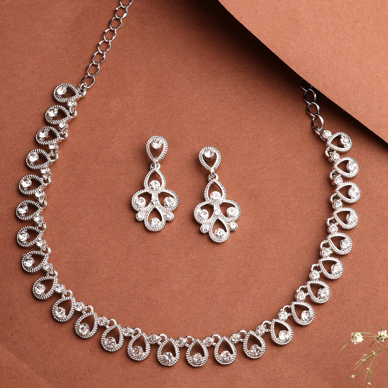Rhodium Plated Silver Toned Teardrop Shaped White Cubic Zirconia Studded Jewellery Set