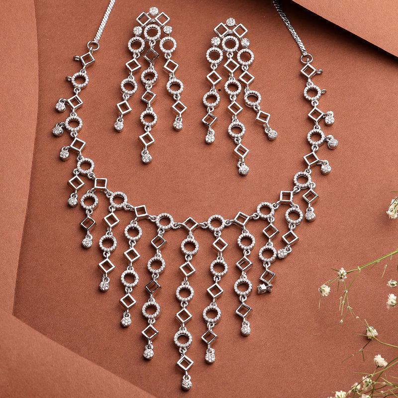 Rhodium Plated Silver Toned Geometrical Shaped White American Diamond Studded Jewellery Set