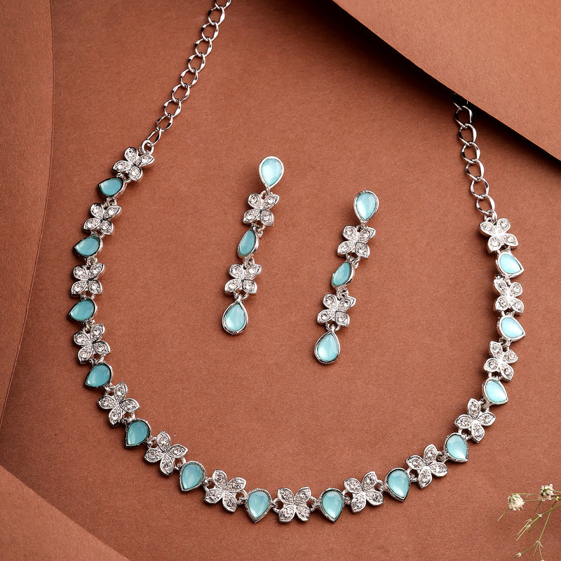 Rhodium Plated Silver Toned Butterfly Shaped Blue Cubic Zirconia Studded Jewellery Set