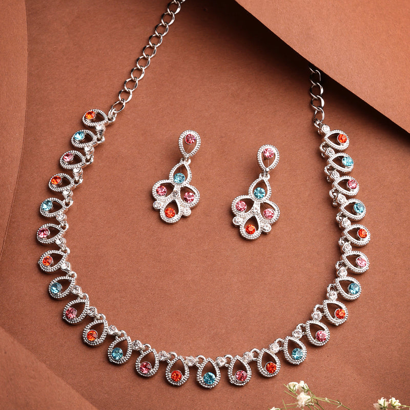 Rhodium Plated Silver Toned Teardrop Shaped Multicolor Cubic Zirconia Studded Jewellery Set