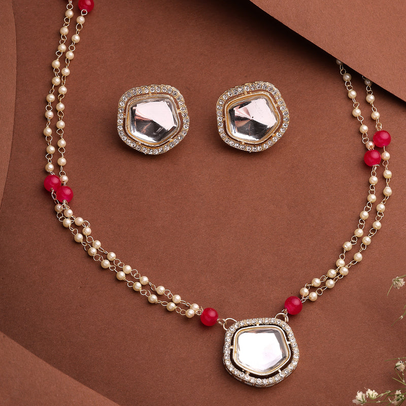 Gold Plate Kundan & Pearl Studded White Jewellery Set