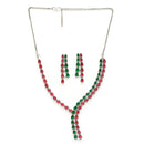 Rhodium Plated Silver Toned Teardrop Shaped Red & Green American Diamond Studded Jewellery Set
