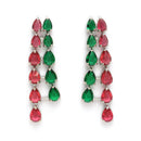 Rhodium Plated Silver Toned Teardrop Shaped Red & Green American Diamond Studded Jewellery Set