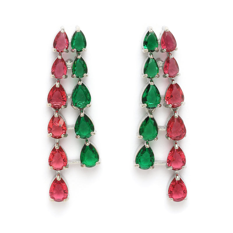 Rhodium Plated Silver Toned Teardrop Shaped Red & Green American Diamond Studded Jewellery Set
