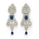 Rhodium Plated Silver Toned Teardrop Shaped Blue & White American Diamond Studded Jewellery Set