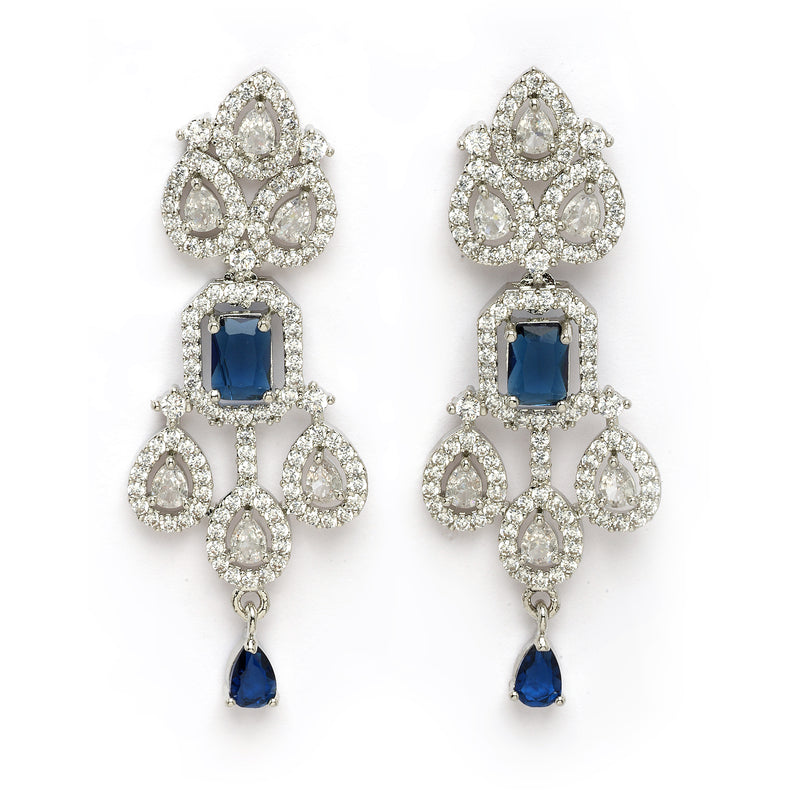 Rhodium Plated Silver Toned Teardrop Shaped Blue & White American Diamond Studded Jewellery Set