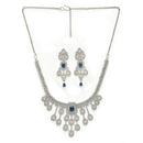 Rhodium Plated Silver Toned Teardrop Shaped Blue & White American Diamond Studded Jewellery Set