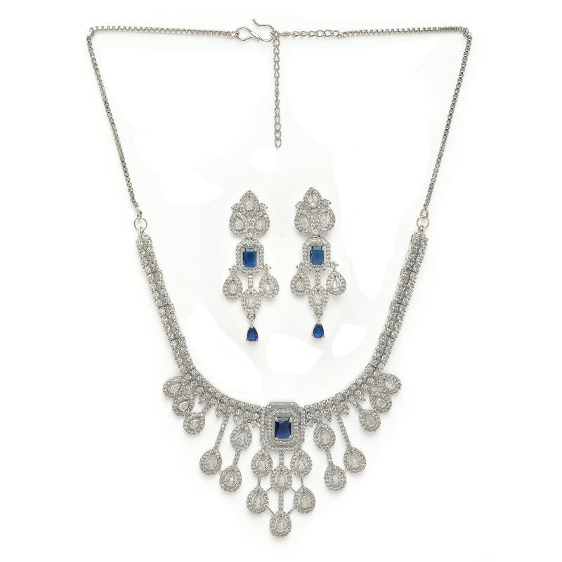 Rhodium Plated Silver Toned Teardrop Shaped Blue & White American Diamond Studded Jewellery Set