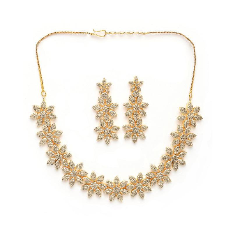 Gold Plated Floral Shaped White American Diamond Studded Jewellery Set