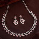Rhodium Plated Silver Toned Teardrop Shaped Pink Cubic Zirconia Studded Jewellery Set