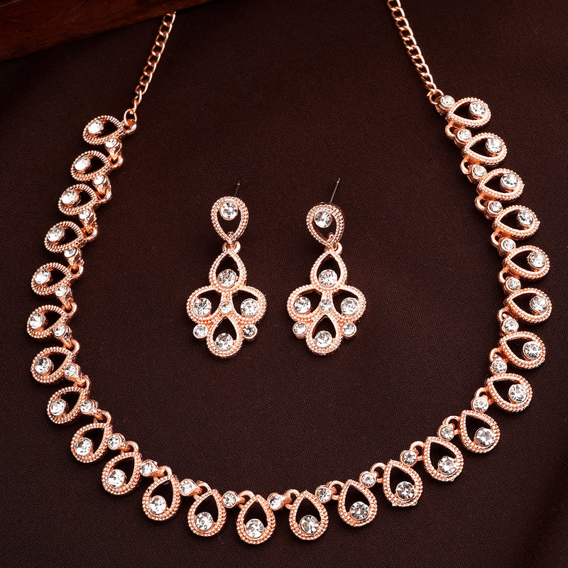 Rose Gold Plated Teardrop Shaped White Cubic Zirconia Studded Jewellery Set