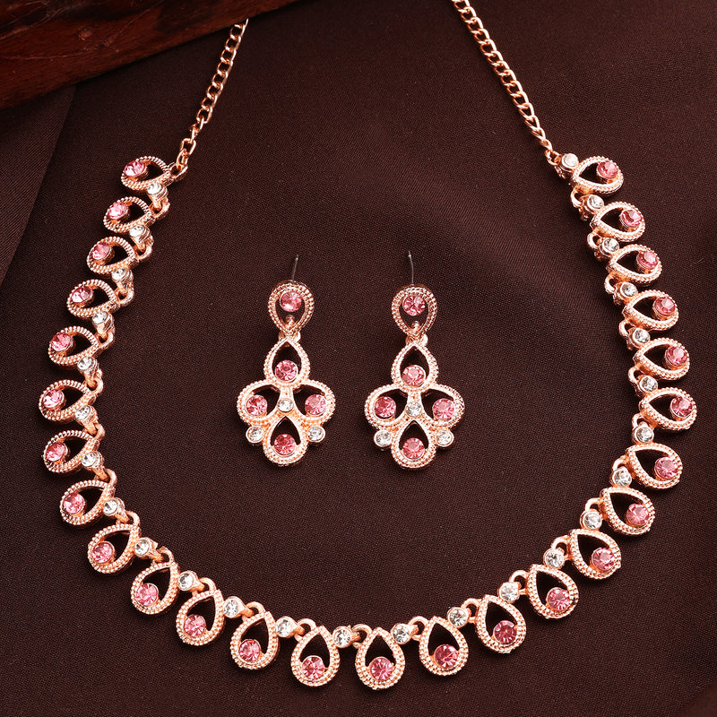 Rose Gold Plated Teardrop Shaped Pink Cubic Zirconia Studded Jewellery Set