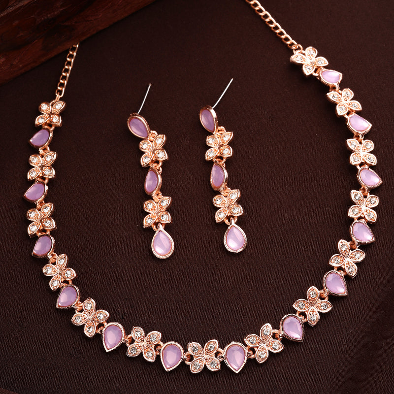 Rose Gold Plated Butterfly Shaped Lavender Cubic Zirconia Studded Jewellery Set