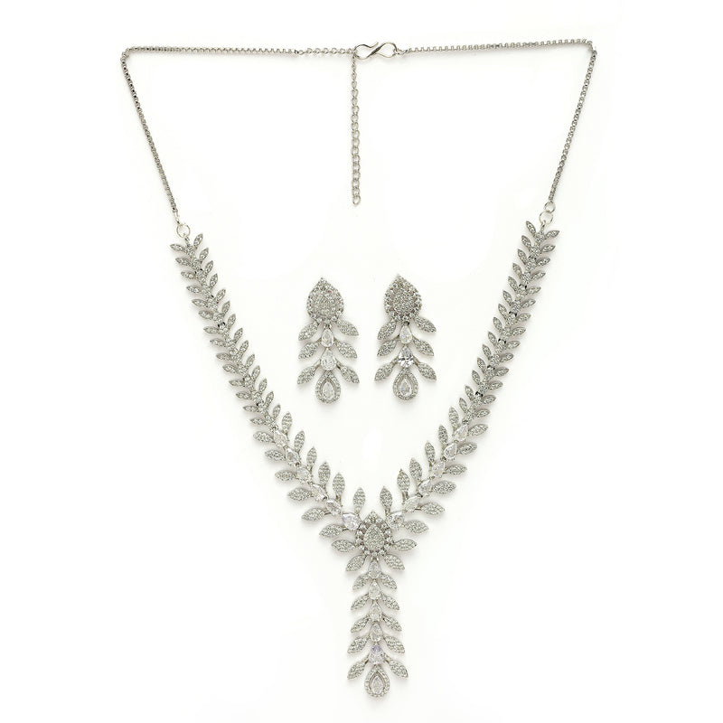 Rhodium Plated Silver Toned Leaf Shaped White American Diamond Studded Jewellery Set