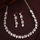 Rhodium Plated Silver Toned Butterfly Shaped Lavender Cubic Zirconia Studded Jewellery Set