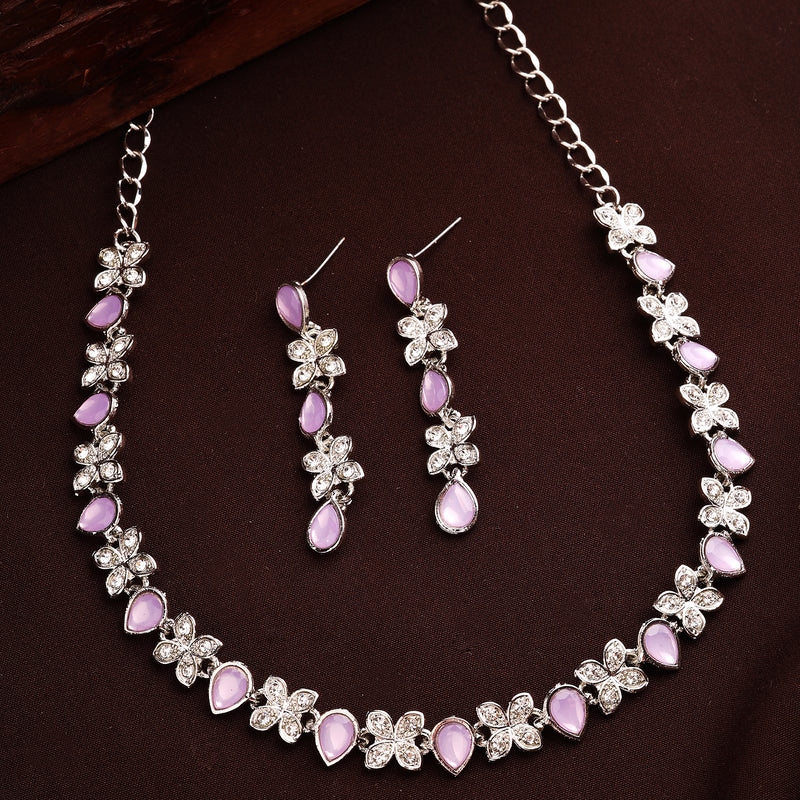 Rhodium Plated Silver Toned Butterfly Shaped Lavender Cubic Zirconia Studded Jewellery Set