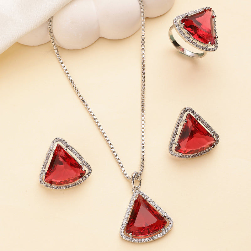 Rhodium Plated Silver Toned Red & White American Diamond Studded Triangular Shaped Pendant Combo With Ring
