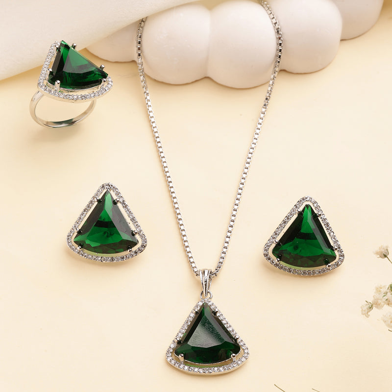 Rhodium Plated Silver Toned Green & White American Diamond Studded Triangular Shaped Pendant Combo With Ring