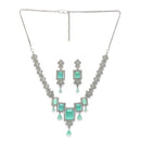 Rhodium Plated Silver Toned Rectangular Shaped Sea Green & White American Diamond Studded Jewellery Set