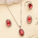 Rhodium Plated Silver Toned Red & White American Diamond Studded Oval Shaped Pendant Combo With Ring