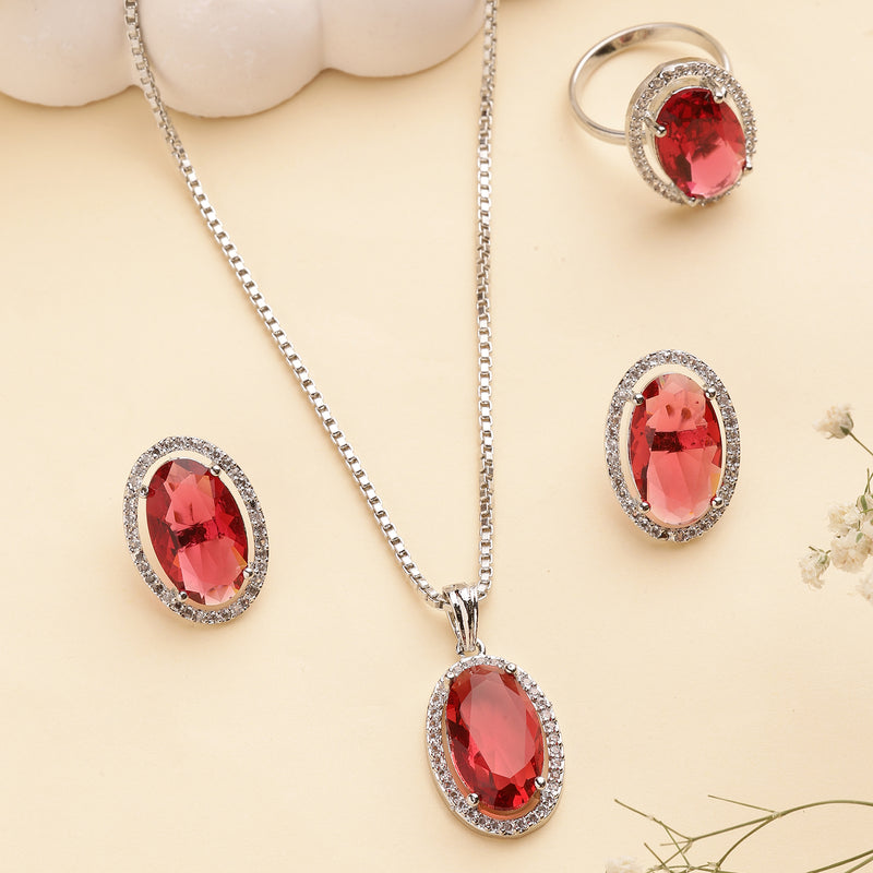 Rhodium Plated Silver Toned Red & White American Diamond Studded Oval Shaped Pendant Combo With Ring