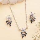 Rhodium Plated Silver Toned Blue And White American Diamond Studded Floral Teardrop Shaped Pendant Set