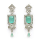 Rhodium Plated Silver Toned Rectangular Shaped Sea Green & White American Diamond Studded Jewellery Set