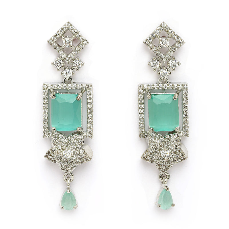 Rhodium Plated Silver Toned Rectangular Shaped Sea Green & White American Diamond Studded Jewellery Set
