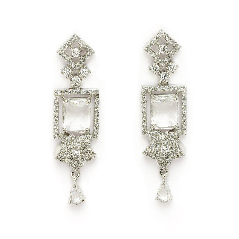 Rhodium Plated Silver Toned Rectangular Shaped White American Diamond Studded Jewellery Set