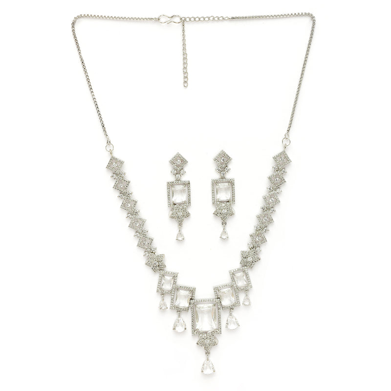 Rhodium Plated Silver Toned Rectangular Shaped White American Diamond Studded Jewellery Set