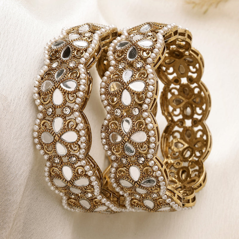 Gold Plated Floral Shaped Mirror & Pearl Studded Bangles Set Of 2