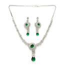 Rhodium Plated Silver Toned Teardrop Leaf Shaped Green & White American Diamond StuddedJewellery Set