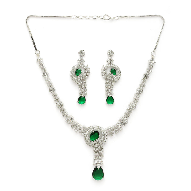 Rhodium Plated Silver Toned Teardrop Leaf Shaped Green & White American Diamond StuddedJewellery Set
