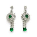 Rhodium Plated Silver Toned Teardrop Leaf Shaped Green & White American Diamond StuddedJewellery Set