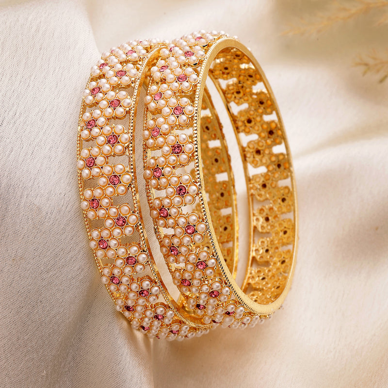 Gold Plated Floral Shaped White Pearl Studded Bangles Set Of 2