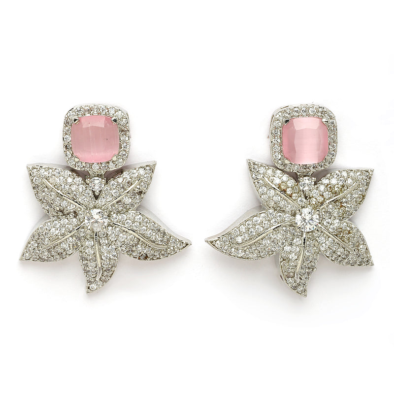 Rhodium Plated Silver Toned Floral Shaped Pink & White American Diamond Studded  Jewellery Set