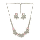 Rhodium Plated Silver Toned Floral Shaped Pink & White American Diamond Studded  Jewellery Set