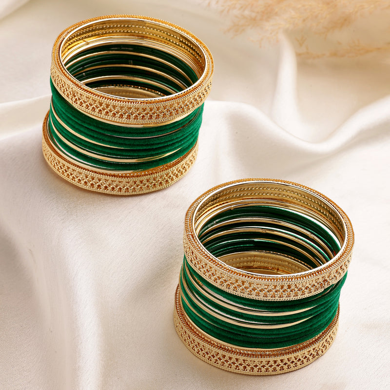 Gold-Plated Matte Finish Green Velvet Textured Bangles Set Of 30