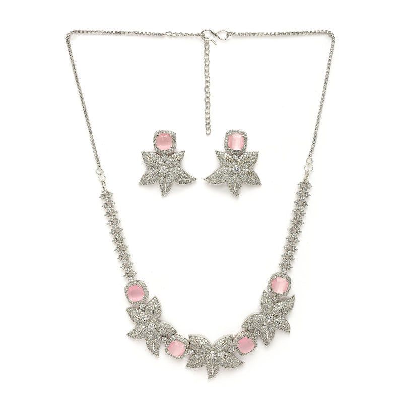 Rhodium Plated Silver Toned Floral Shaped Pink & White American Diamond Studded  Jewellery Set