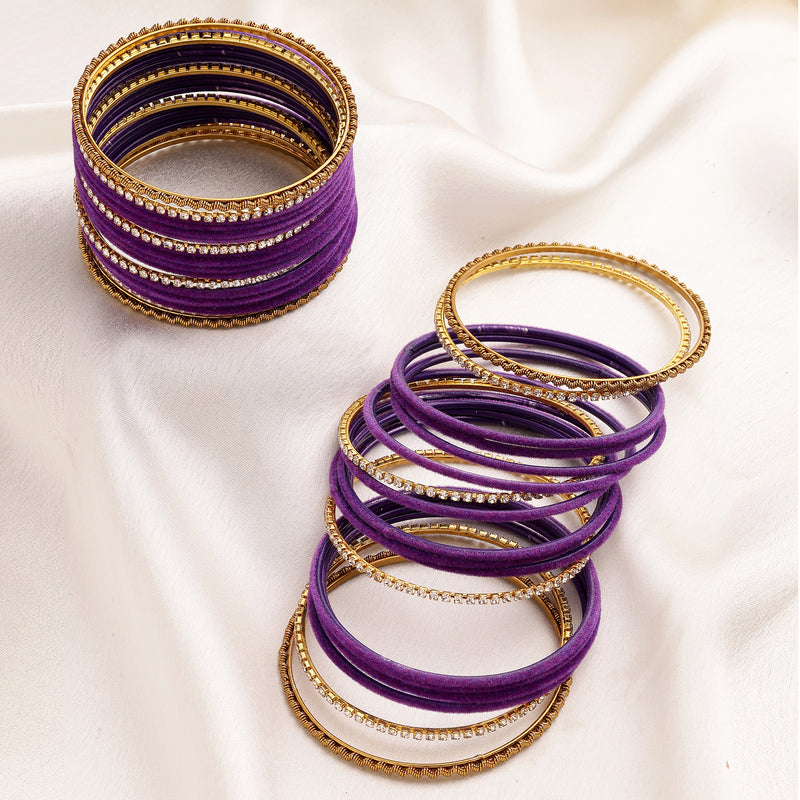 Gold-Plated Matte Finish Purple Velvet Cz Studded Bangles Set Of 36