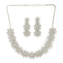 Rhodium Plated Silver Toned Floral Shaped White American Diamond Studded Jewellery Set
