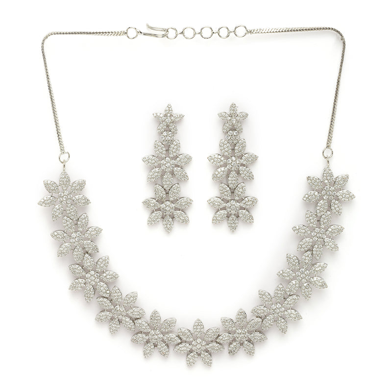 Rhodium Plated Silver Toned Floral Shaped White American Diamond Studded Jewellery Set