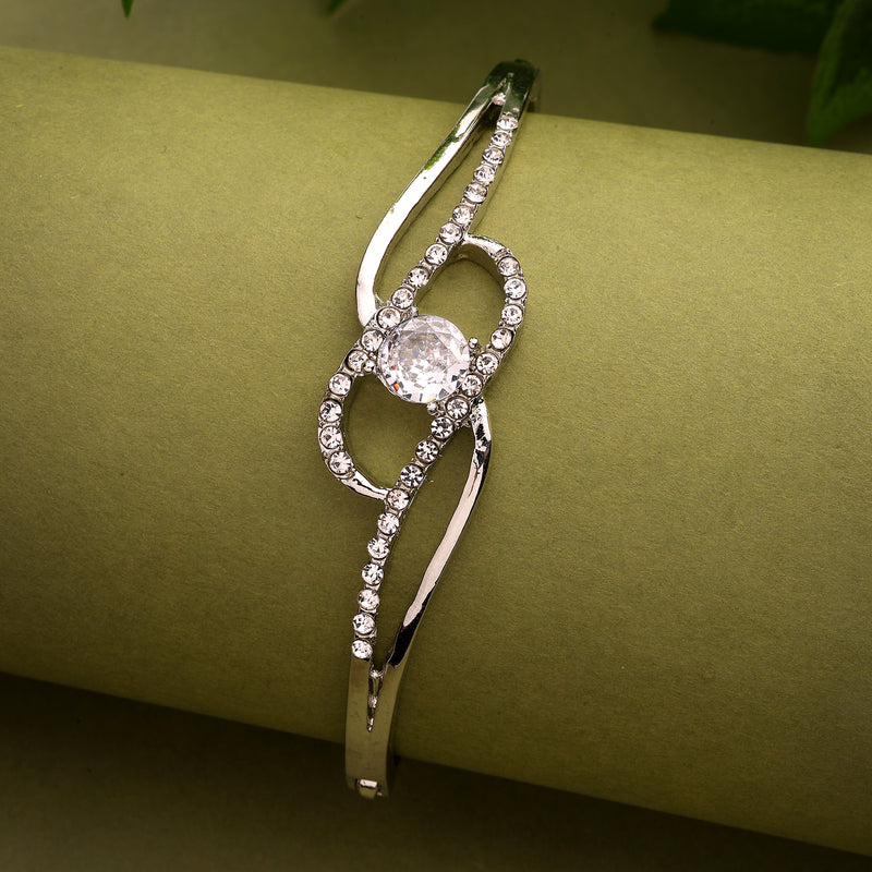 Rhodium Plated Silver Toned White Classic Cubic Zirconia Studded Cuff Bracelet