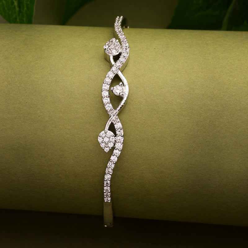 Rhodium Plated Silver Toned White Cubic Zirconia Studded Cuff Bracelet