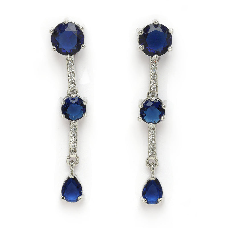 Rhodium Plated Silver Toned Circle Shaped Blue American Diamond Studded Jewellery Set